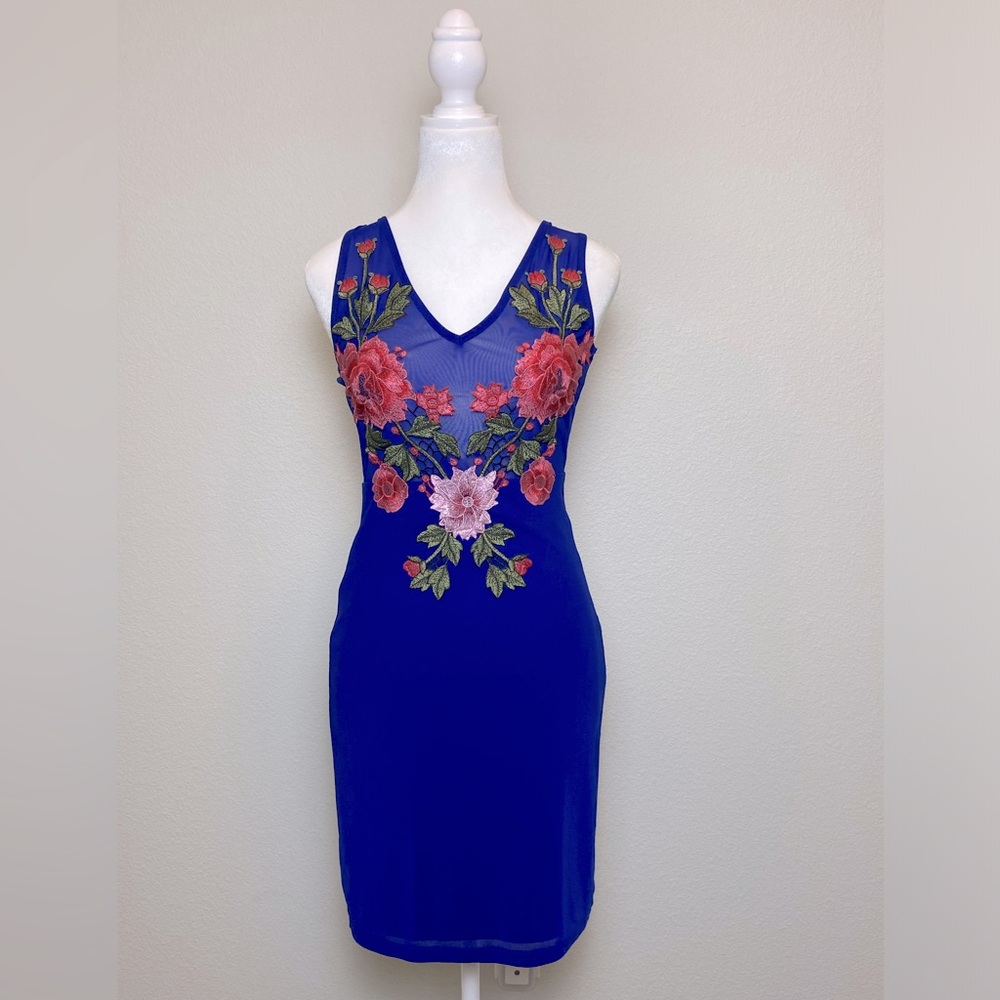 Dress women blue sleeveless sheer flower embroidered midi exposed zipper